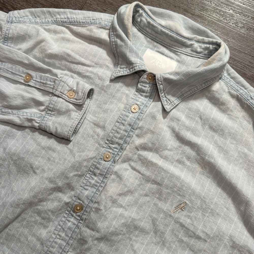 Zara Shirt Mens L Blue Striped Cotton Chambray Casual Coastal Denim Modern Adult